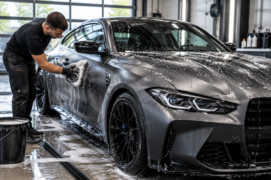Schonende Handwäsche eines folierten Autos – Tipps zur Pflege und Haltbarkeit von Autofolie bei DAS FOLIENWERK