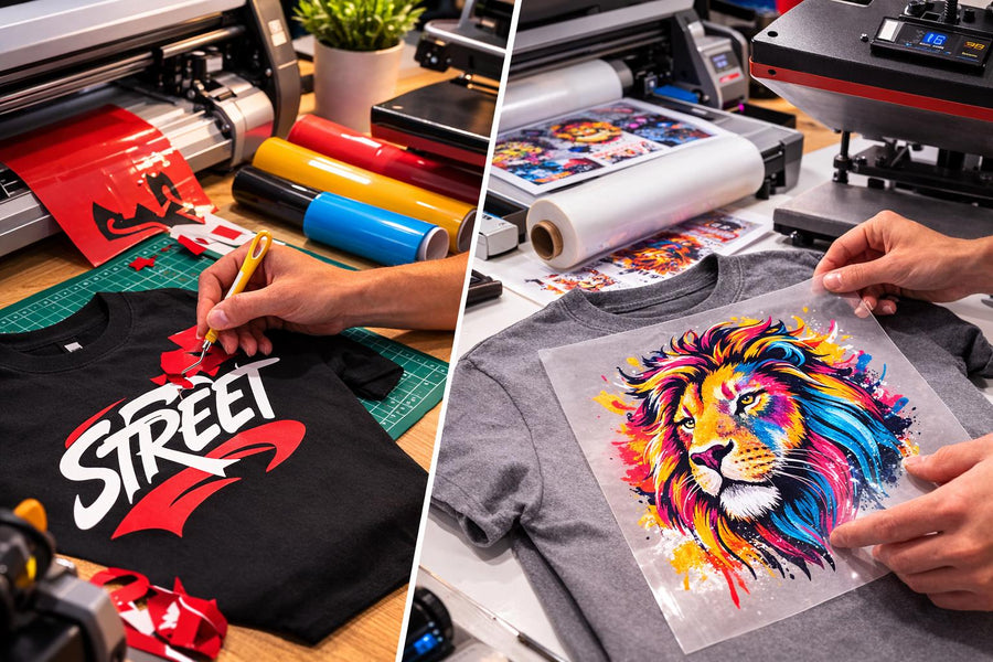 DTF-Druck und Flexdruck im Vergleich – zwei bedruckte T-Shirts mit unterschiedlichen Transferverfahren