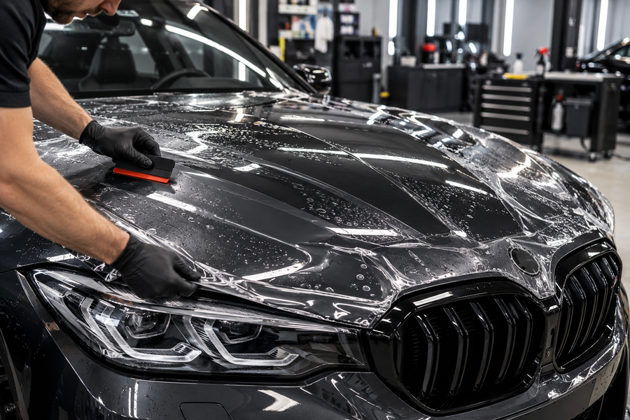Transparente Lackschutzfolie PPF wird auf der Motorhaube eines Fahrzeugs angebracht – Lackschutz bei DAS FOLIENWERK by WERK91