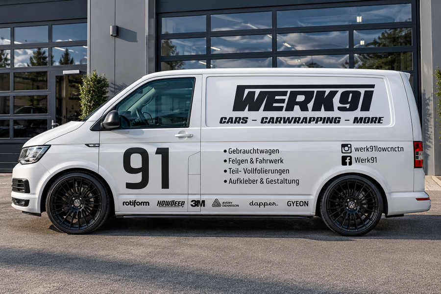 Professionell beschrifteter Firmen-Transporter mit Logo und Werbegrafik – Transporterbeschriftung bei DAS FOLIENWERK by WERK91 im Burgenland