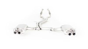 Remus Edelstahl Sportschalldämpfer links und Edelstahl Sportschalldämpfer rechts (ohne Endrohre), mit integrierten Klappen, inkl. Genehmigung. Serienrohr Ø 65 mm, REMUS Rohr Ø 70 mm  passend für Audi A4 2,9l 331kW Quattro (4WD) ab 10/2017