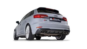 Remus Sportschalldämpfermittig für links/rechts-Anlage (ohne Endrohre), mit 2 integrierten Klappen. Serienrohr  65 mm / REMUS Rohr 76 mm; passend für Audi S3 2,0l 221kW Quattro (DNU, mit OPF) 11/2018=>