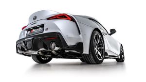 Remus Sportschalldämpfermittig für links/rechts-Anlage mit je 1 Endrohr 115mm schräg verchromt, lasergraviert, straight cut, mit 1 integrierten KlappenOHNE EG Genehmigung; passend für Toyota GR Supra 3,0l 250kW (R6, B558B30C mit OPF) ab 03/2019=>