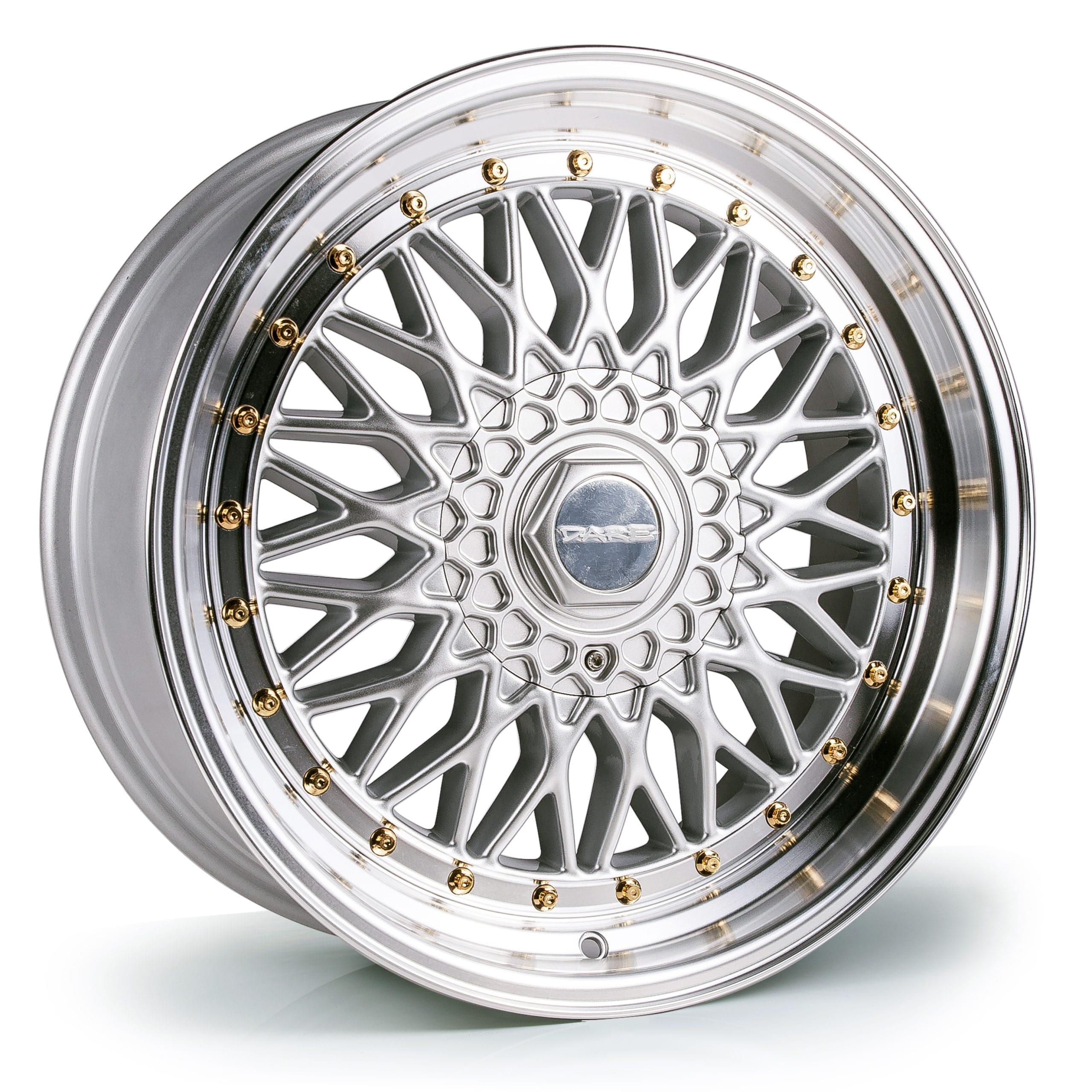 Dare DRRS 7X15 4x100 ET20 NB73.1 Silver Polished / Gold RivETs 7x15 ET20 4x100 Alufelge Silber