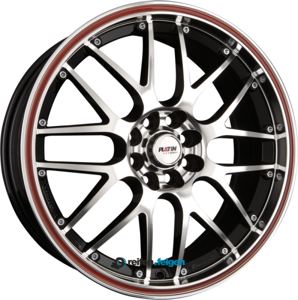 PLATIN P 61 7x16 ET22 4x108 NB65.1 Schwarz Poliert, Rand Rot